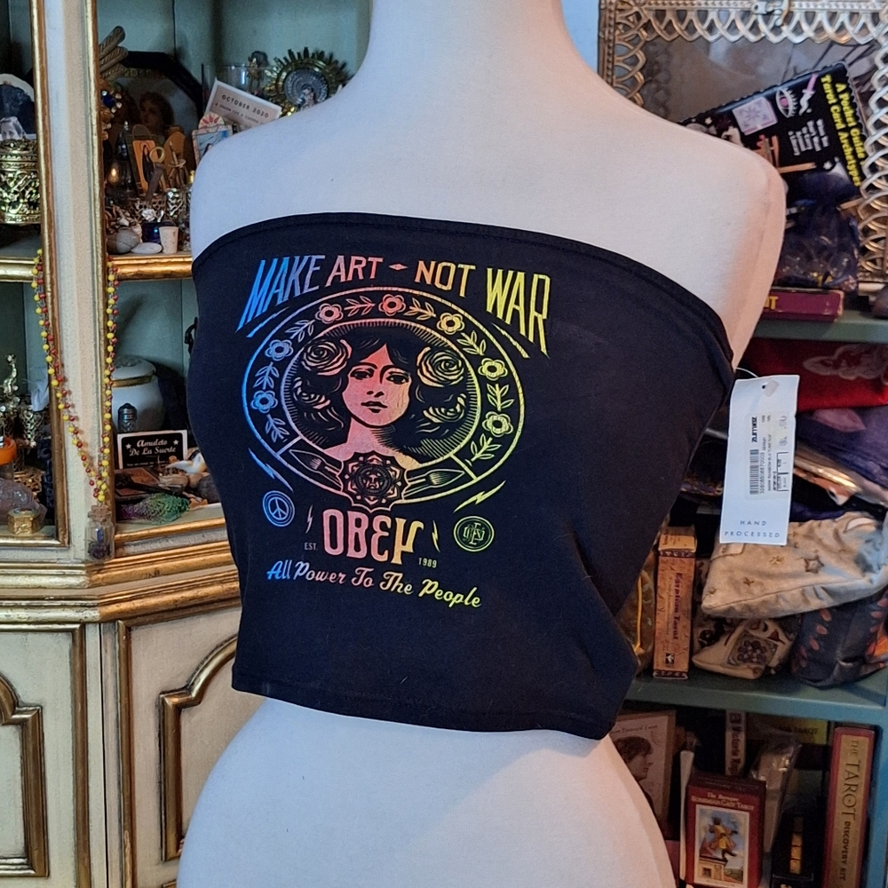 MAKE ART NOT WAR Obey Worldwide Black Tube Top With Nouveau Rainbow Graphic LG